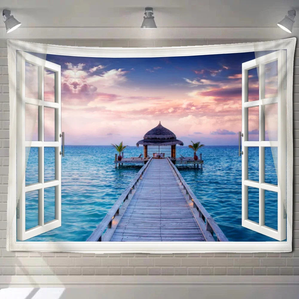 Natural ecological beach landscape imitation window art tapestry background wall room aesthetic living room home decoration