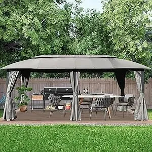 Domi Gazebo 10x20FT, Outdoor Gazebo with Double Roofs, Privacy Curtains, Mosquito Nettings, Heavy Duty Metal Frame Party Tent Ca
