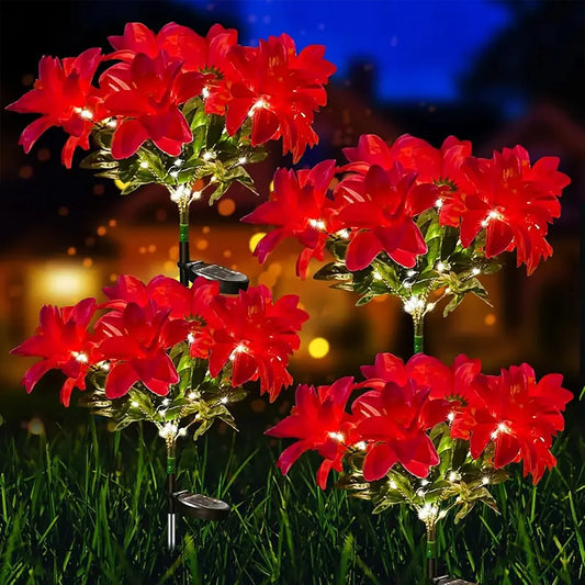 LED solar Christmas flower poinsettia artificial flower light, suitable for decorating Christmas gardens, lawns, and courtyards