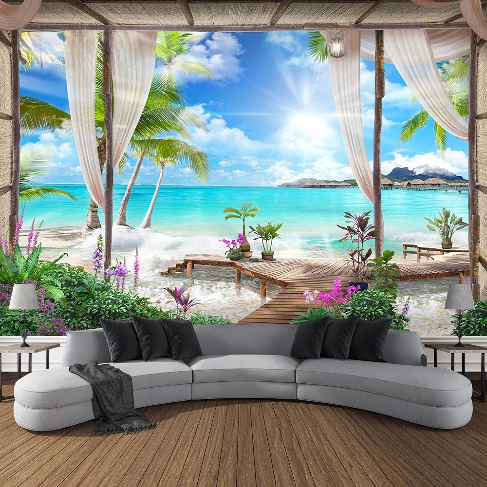 Mountain Cave Landscape Tapestry Ocean Birds Coconut Tree Sailing Beach Nature Scenery Tapestries Home Garden Dorm Bedroom Decor