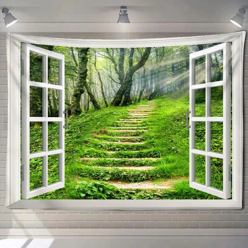 Natural ecological beach landscape imitation window art tapestry background wall room aesthetic living room home decoration