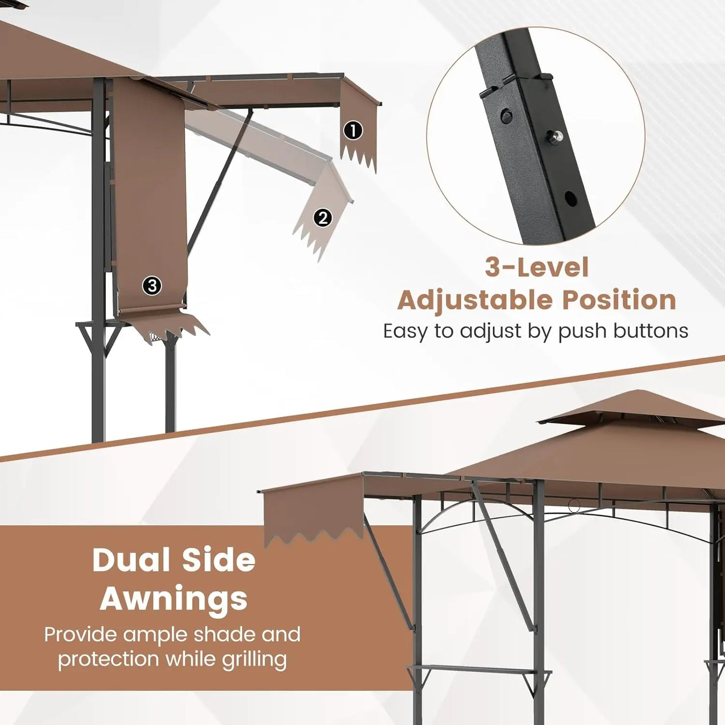 13x5 Ft Grill Gazebo with Dual Side Awnings, 2-Tier Barbecue Gazebo with 2 Shelves, 7 Hooks, Adjustable Shadow, Outdoor Grill