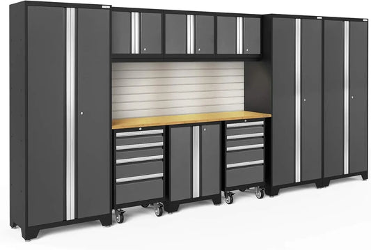 Bold Steel Garage Cabinets Set With Bamboo Worktop