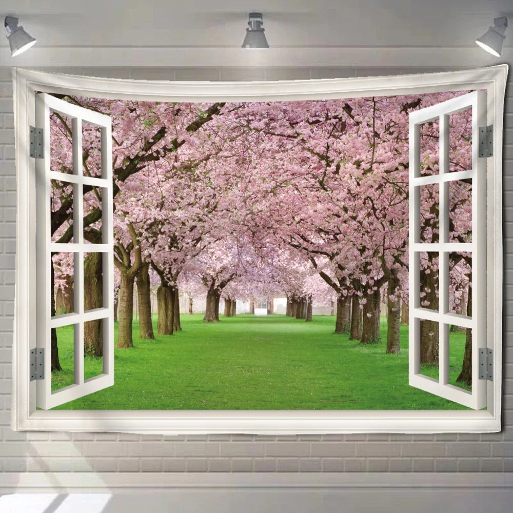 Natural ecological beach landscape imitation window art tapestry background wall room aesthetic living room home decoration