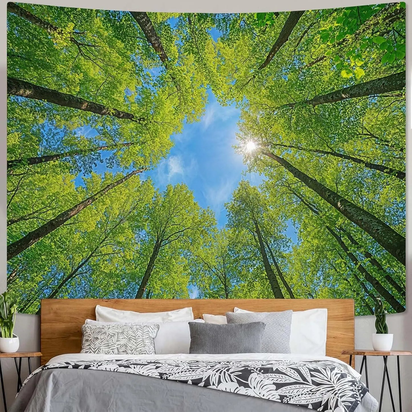 Nature Forest Tree Celling Tapestry Lush Green Treetops Sunlit Tapestry for Bedroom Aesthetic Sunlight Canopy Leaves Landscape