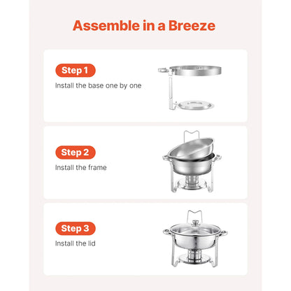 5 Qt 4 Pack Chafing Dish Buffet Set Stainless Steel Chafer with 4 Full Size Pan Round Catering Warmer Server for Party