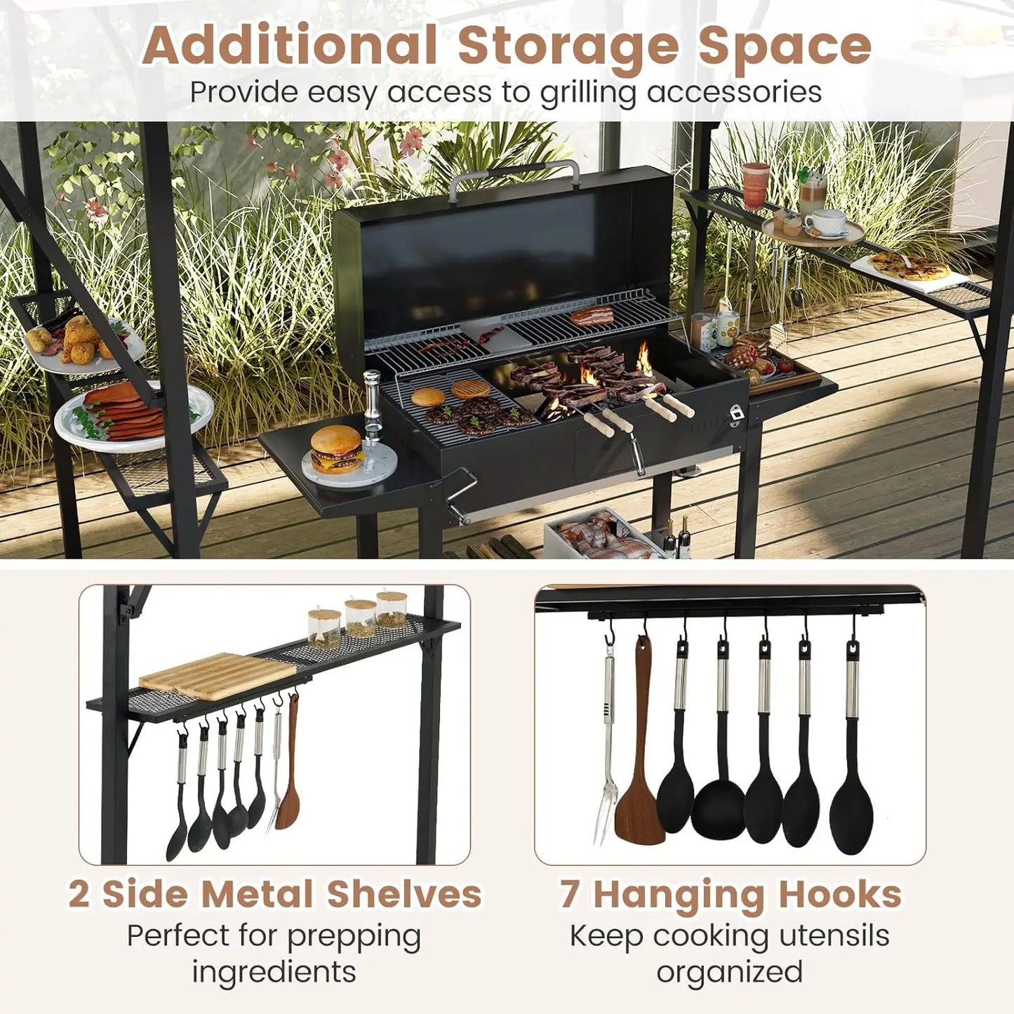 13x5 Ft Grill Gazebo with Dual Side Awnings, 2-Tier Barbecue Gazebo with 2 Shelves, 7 Hooks, Adjustable Shadow, Outdoor Grill