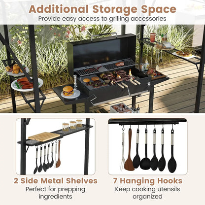 13x5 Ft Grill Gazebo with Dual Side Awnings, 2-Tier Barbecue Gazebo with 2 Shelves, 7 Hooks, Adjustable Shadow, Outdoor Grill
