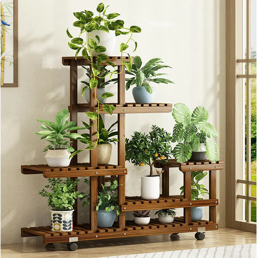 Pine Wooden Plant Stand With Wheels Multi-Layer Indoor Display Rack