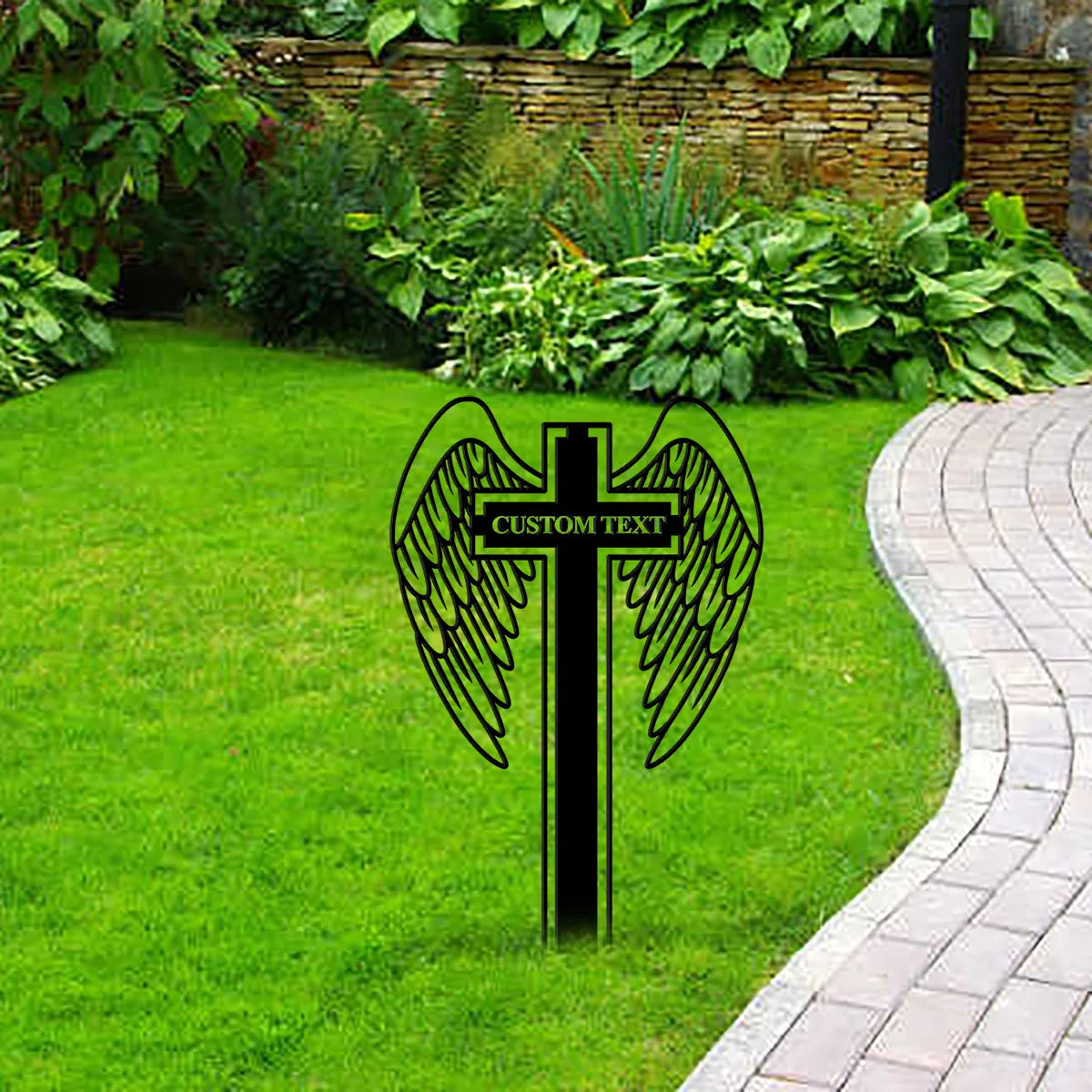 Custom Personalized Cross With Angel Wings Memorial Metal Stake, Sympathy Sign, Grave Marker, Remembrance Stake, Garden Decor