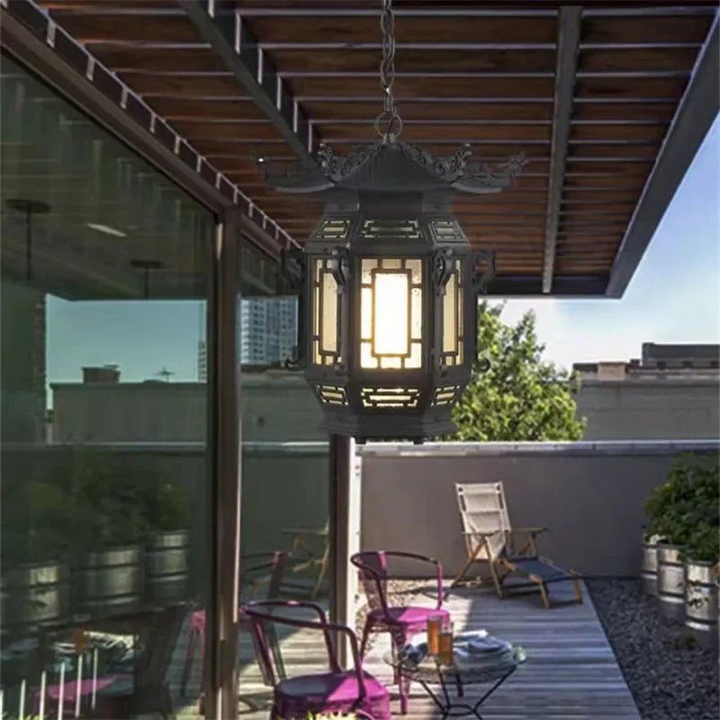 ANITA Chinese Lantern Pendant Lamps Outdoor Waterproof LED Black Retro Chandelier for Home Hotel Corridor Decor Electricity