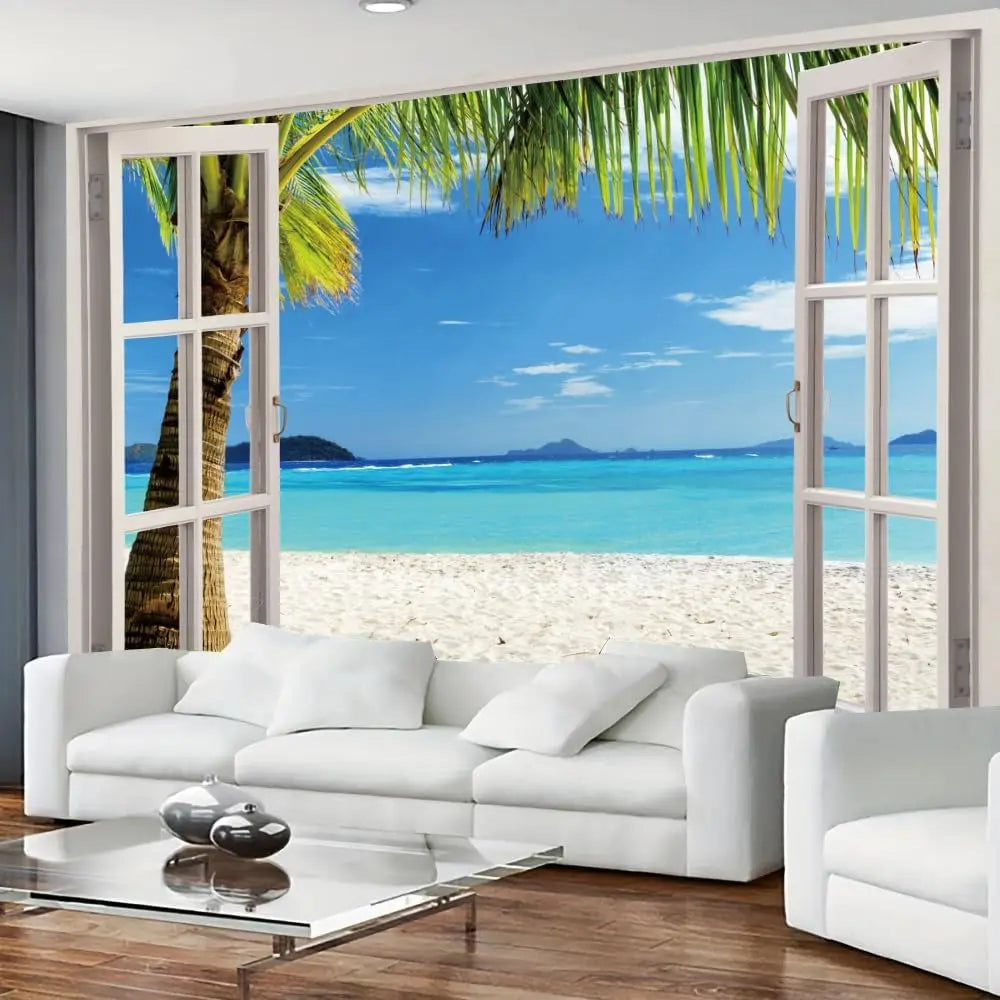 Tropical Beach Tapestry Ocean Waves Palm Tree Scenery 3D Window View Summer Paradise Landscape Wall Art for Living Room Decor
