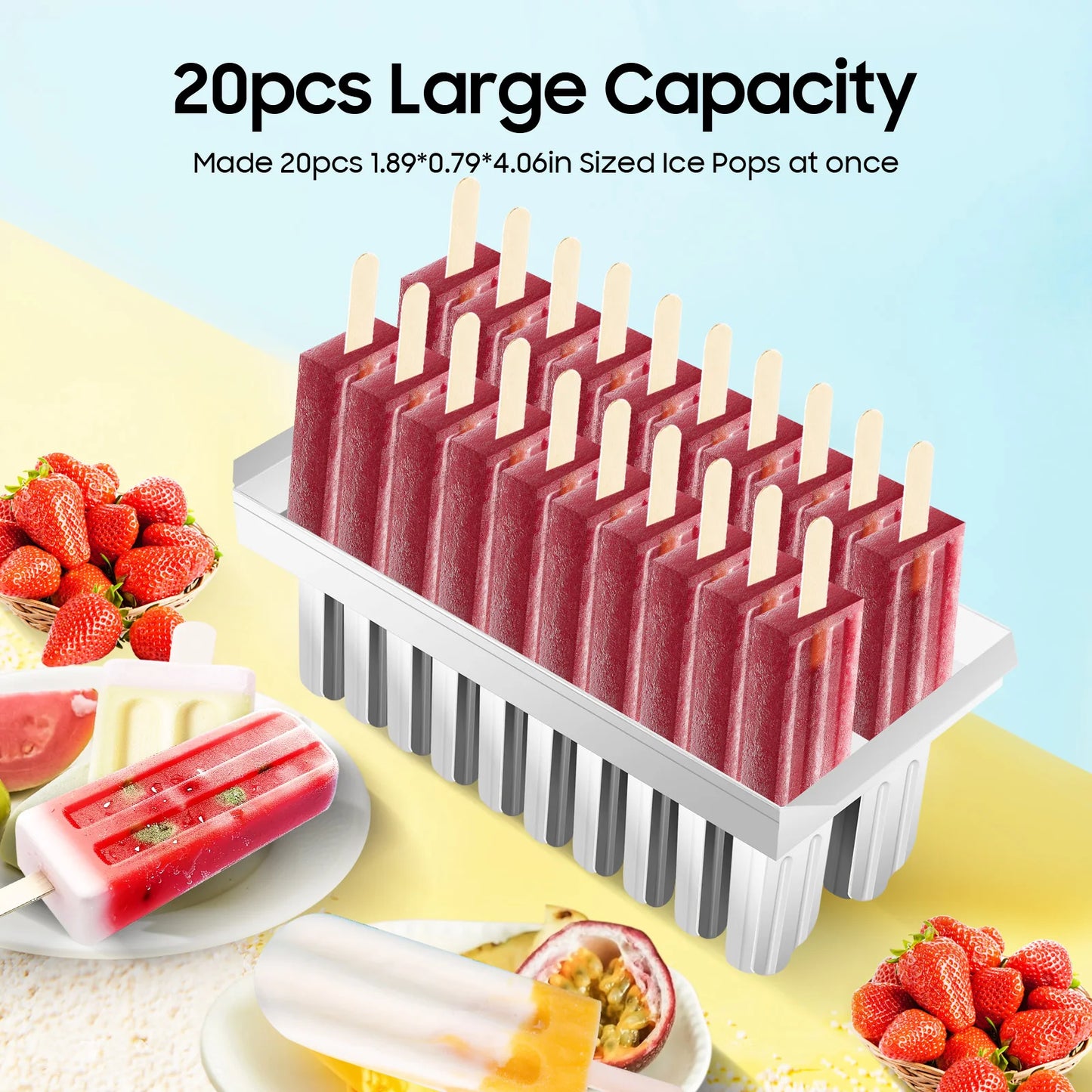 20 Cavity Stainless Steel Popsicle Maker Mold with Sticks, DIY Ice Cream Mold for Home, Party, Restaurant Bulk Treats