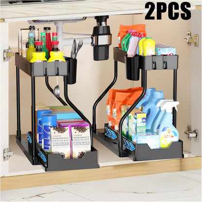 Under Sink Pull Out Storage Rack Double Tier Shelving Unit