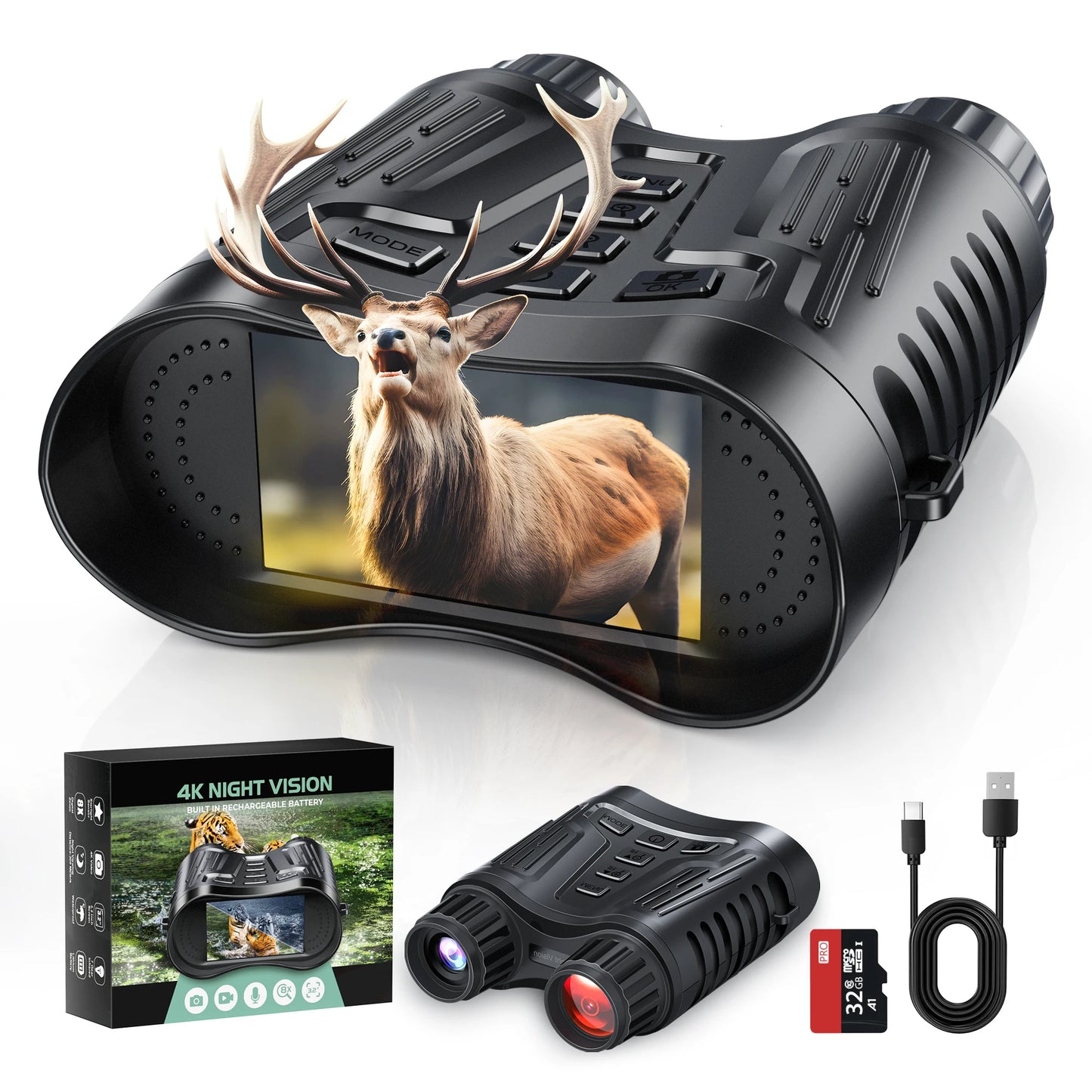 Night Vision Binoculars 8X Digital Zoom With 1000ft HD IR Illuminator 4K Video