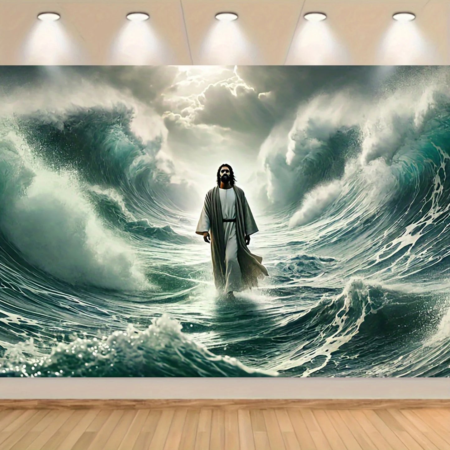 Jesus walks against the background of water, polyester religious theme wall covering, spiritual and dramatic scenes tapestry