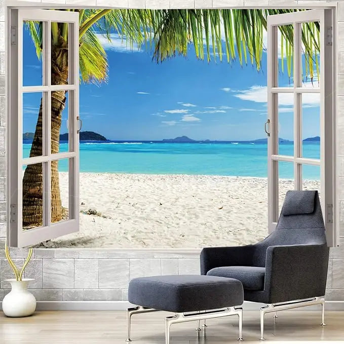 Tropical Beach Tapestry Ocean Waves Palm Tree Scenery 3D Window View Summer Paradise Landscape Wall Art for Living Room Decor