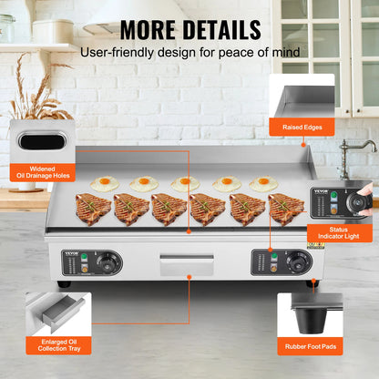 Commercial Electric Countertop Griddle 2800W With Adjustable Temperature