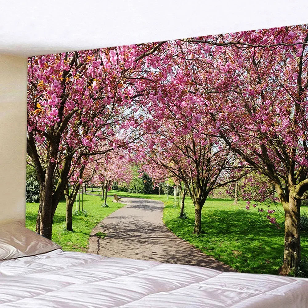 Spring Flowers Wood Fence Tapestry Nature Pink Rose Plants Floral Wall Hanging Garden Window Natural Scenery Cloth Home Decor