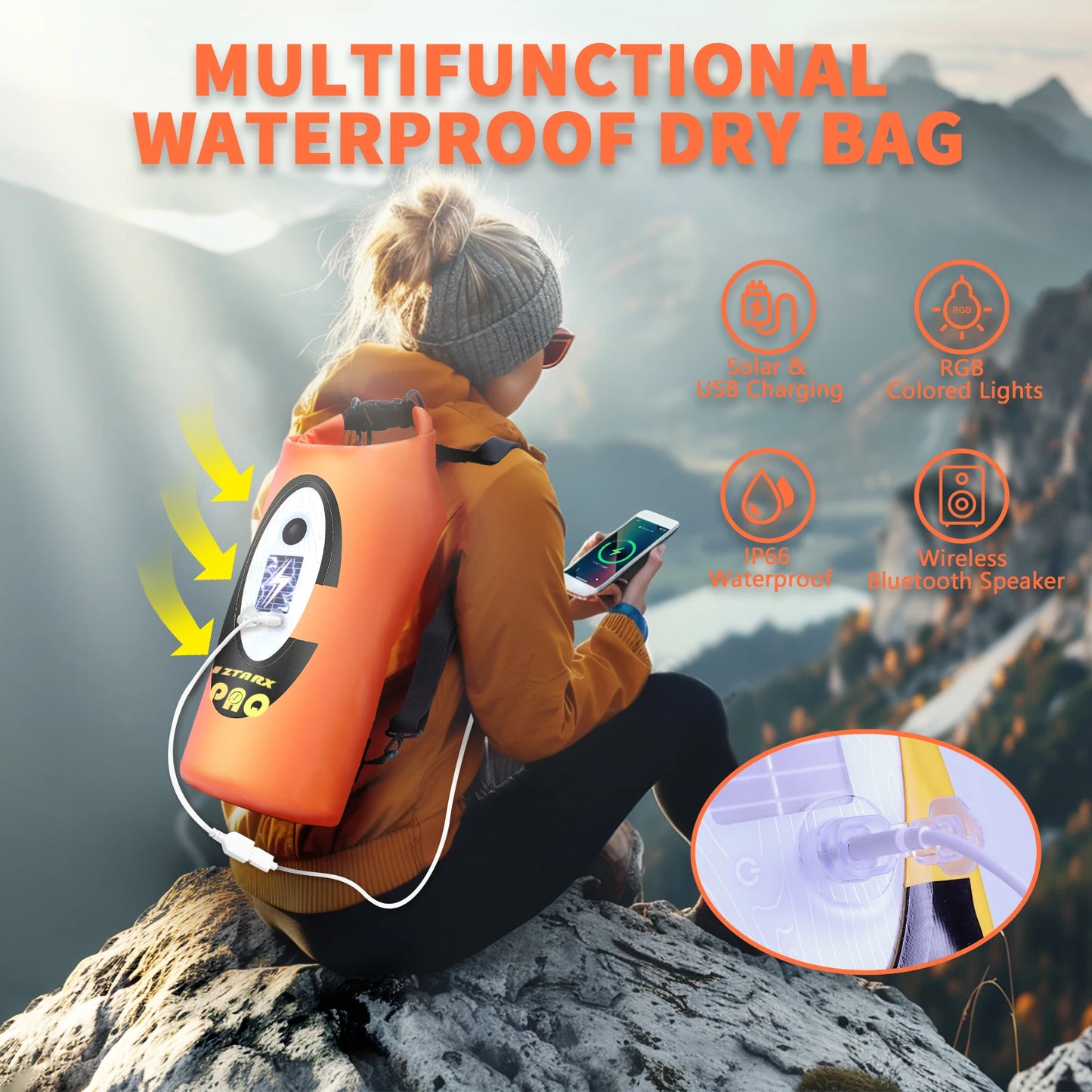 Solar Powered Waterproof Hiking Backpack With Bluetooth Speaker