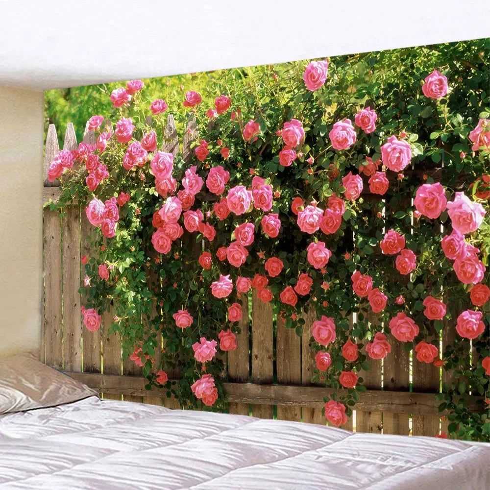 Spring Flowers Wood Fence Tapestry Nature Pink Rose Plants Floral Wall Hanging Garden Window Natural Scenery Cloth Home Decor
