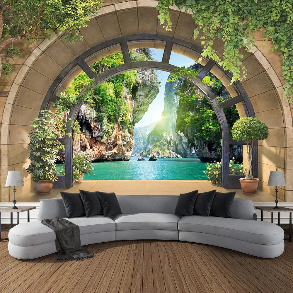 Mountain Cave Landscape Tapestry Ocean Birds Coconut Tree Sailing Beach Nature Scenery Tapestries Home Garden Dorm Bedroom Decor