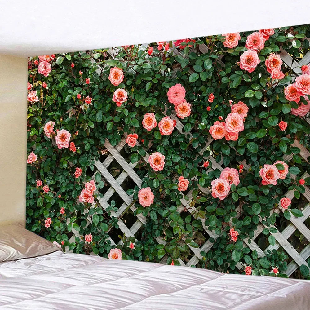 Spring Flowers Wood Fence Tapestry Nature Pink Rose Plants Floral Wall Hanging Garden Window Natural Scenery Cloth Home Decor