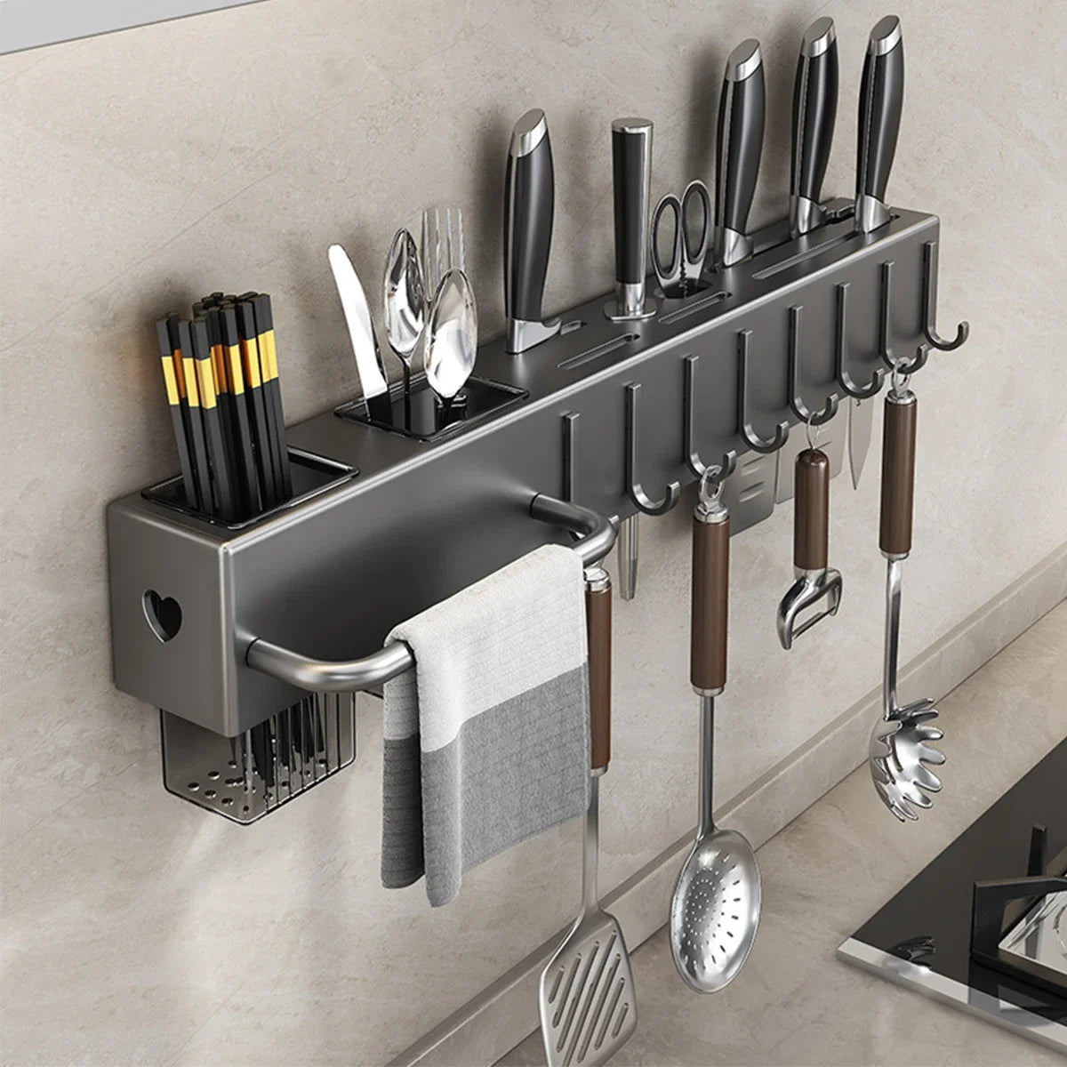 Wall Mounted Kitchen Knife Pot Cover Storage Rack Chopstick Organizer