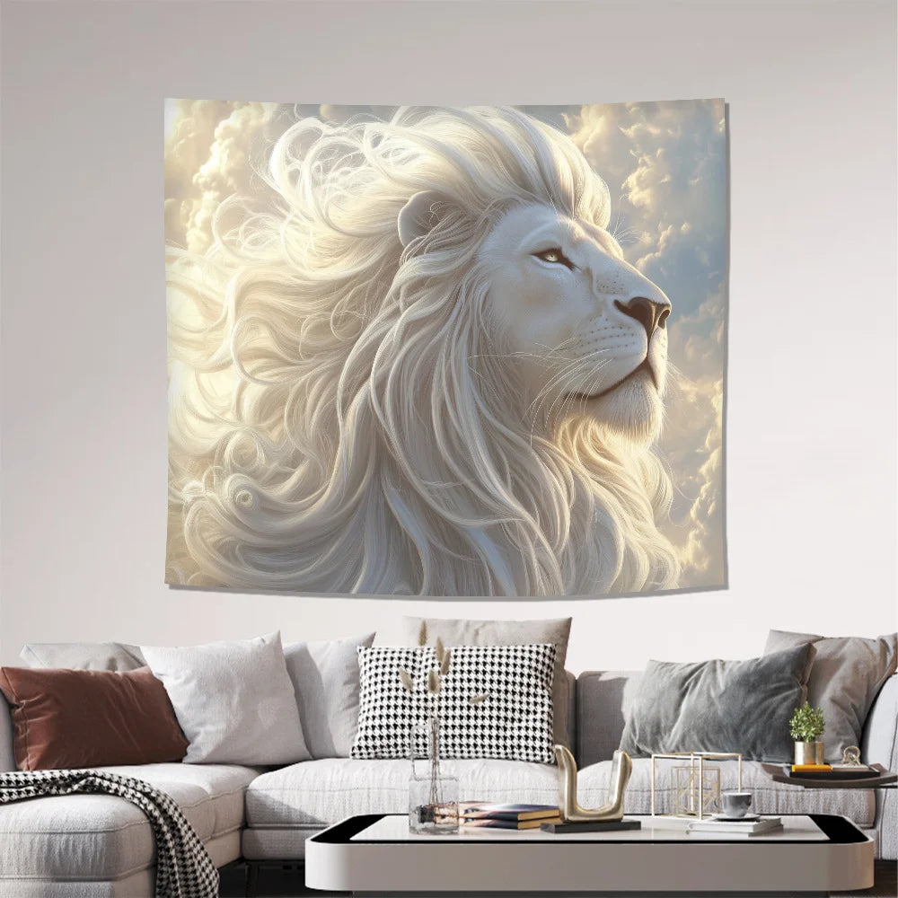 1pc Majestic White Lion Tapestry with Flowing Mane - Polyester Fabric for Living Room, Indoor and Outdoor Room Decor