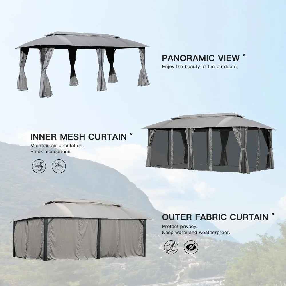 Domi Gazebo 10x20FT, Outdoor Gazebo with Double Roofs, Privacy Curtains, Mosquito Nettings, Heavy Duty Metal Frame Party Tent Ca