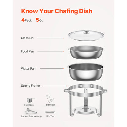 5 Qt 4 Pack Chafing Dish Buffet Set Stainless Steel Chafer with 4 Full Size Pan Round Catering Warmer Server for Party
