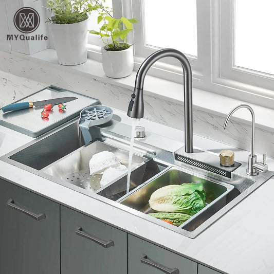 Brushed Nickel Stainless Steel Kitchen Sink Set With Drains