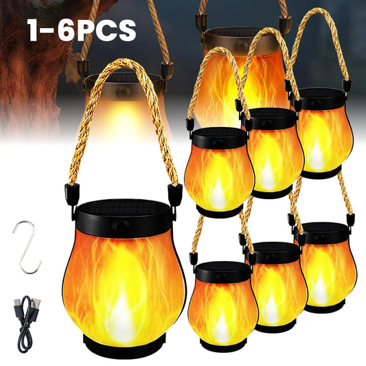 1-2 Set Solar Flame Flickering Camping Light with Rope Handle Garden Decoration Outdoor Lawn Path Yard Patio Hanging Lamp