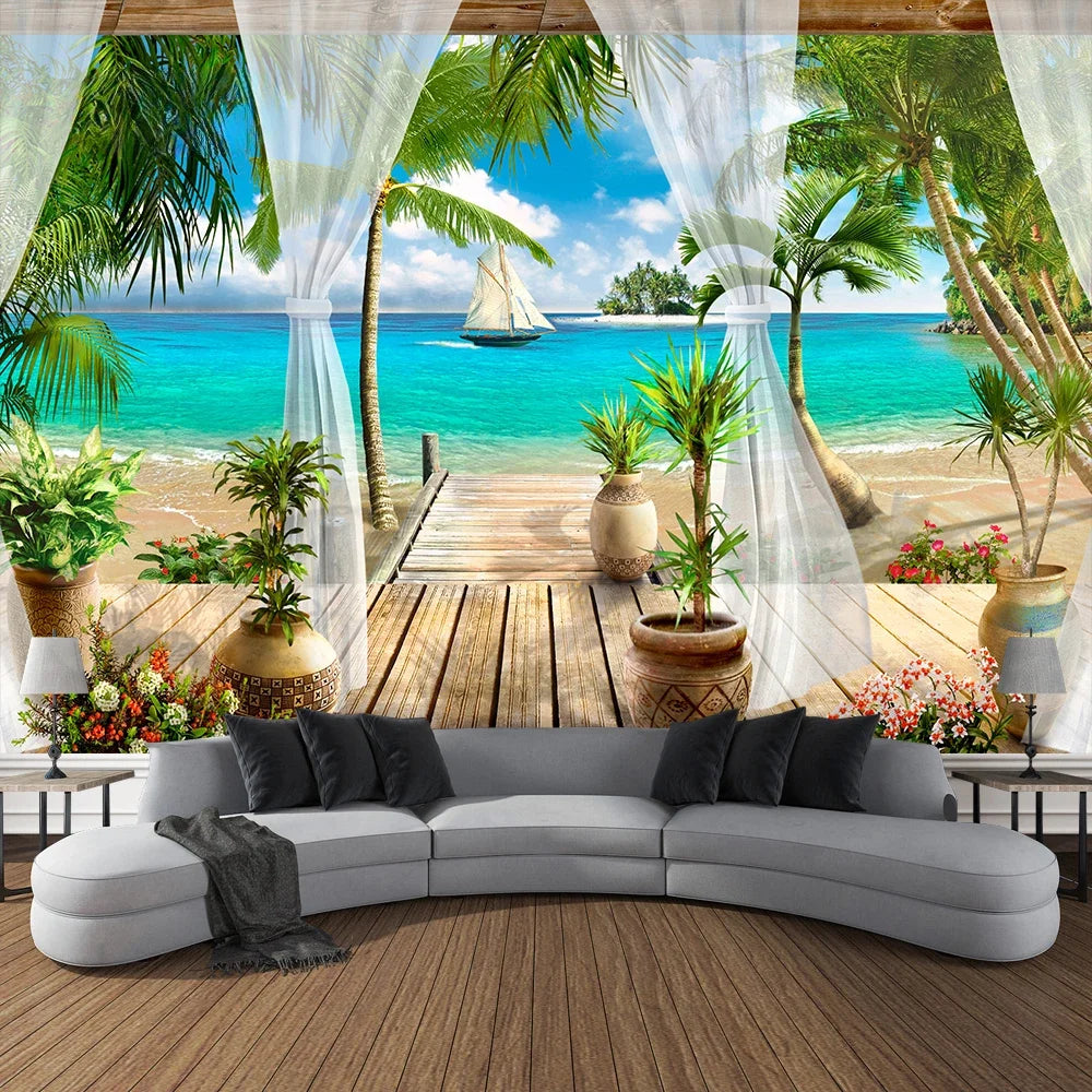 Mountain Cave Landscape Tapestry Ocean Birds Coconut Tree Sailing Beach Nature Scenery Tapestries Home Garden Dorm Bedroom Decor