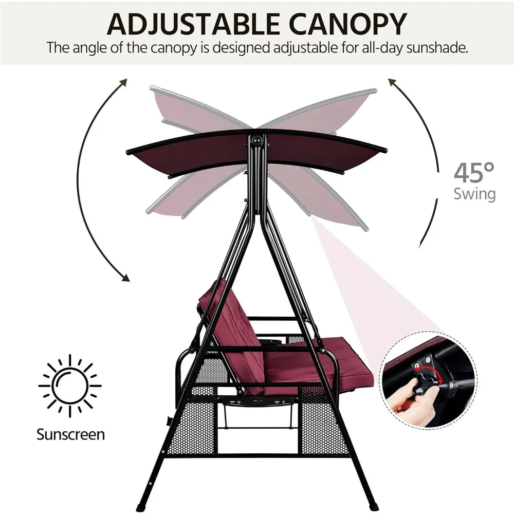 3-Seat Outdoor Patio Swing Chair, Deluxe Outdoor Patio Porch Swing with Weather Resistant Steel Frame, Adjustable Tilt Canopy f