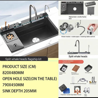 Digital fly rain waterfall sink embossed nano 304 stainless steel large single sink kitchen black washbasin