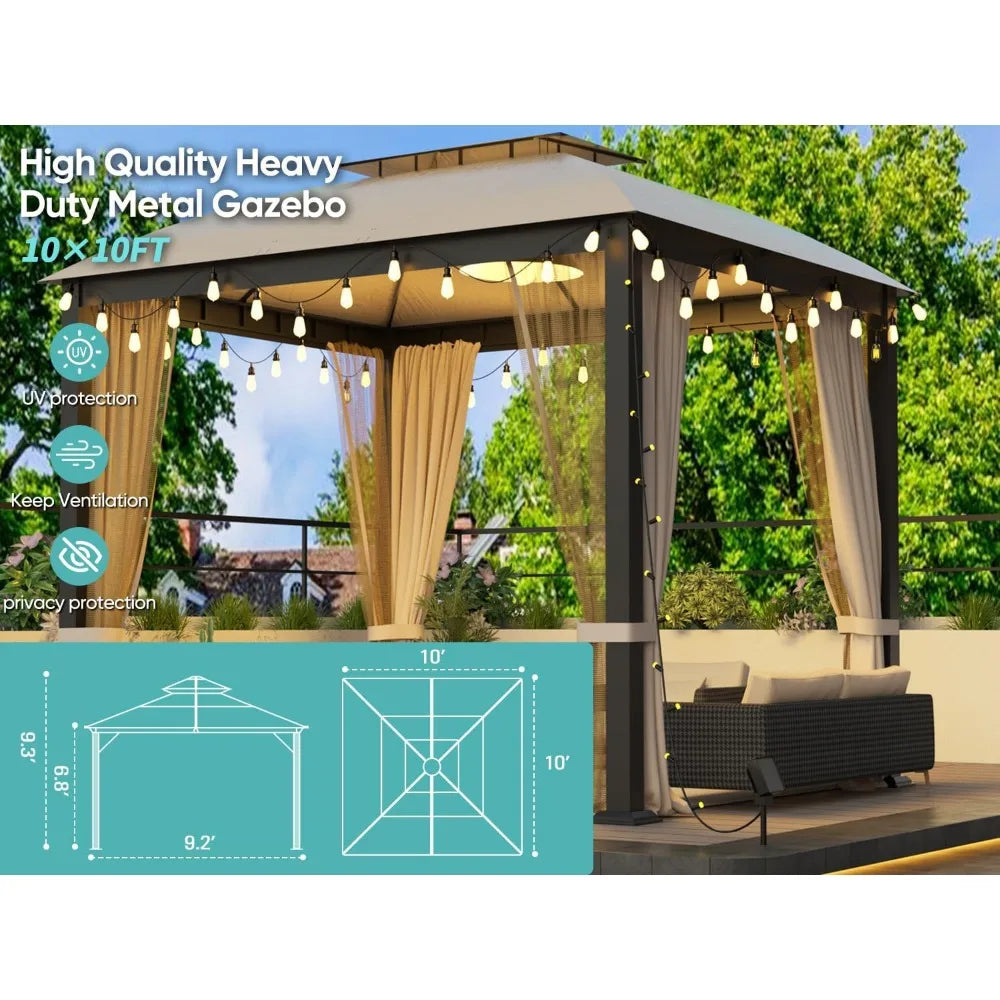 Outdoor Patio Gazebo 10x10, Heavy Duty Gazebos, Soft Top Gazebo with Square Metal Frame, Double Roof Canopy, Mosquito Nets & Pri