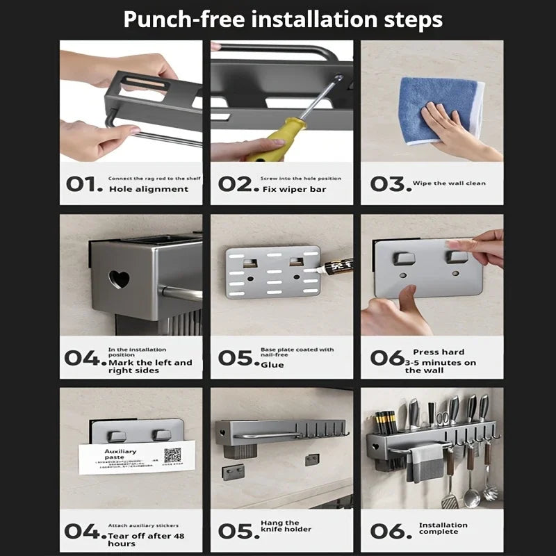 Wall Mounted Kitchen Knife Pot Cover Storage Rack Chopstick Organizer