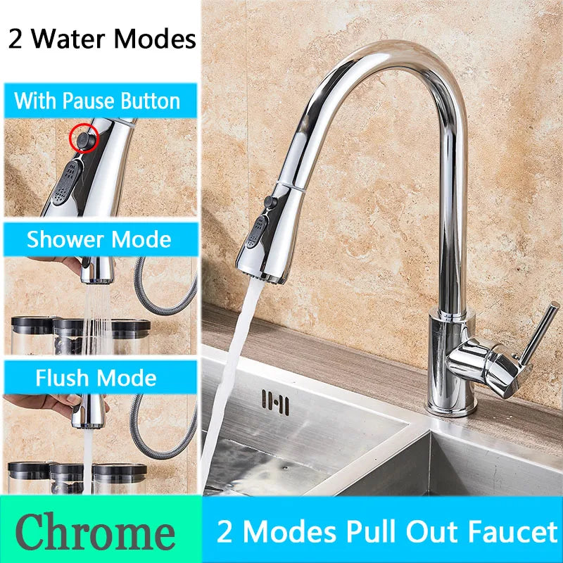 Chrome Kitchen Faucet Deck Mounted Pull Out Spout Kitchen Sink Mixer Tap Single Level Stream Sprayer Nozzle Mixer Tap
