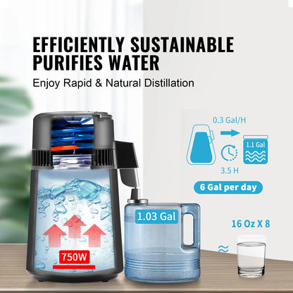 Water Distiller 1.05 G. Purifier Filter 750W Water Maker