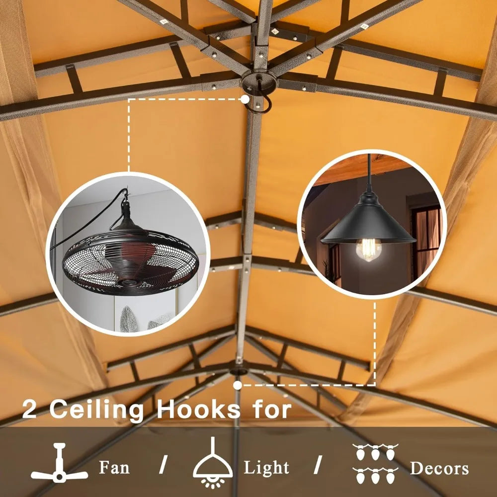 Domi 10'x14' Gazebo with Double Roof Soft Top, Patio Gazebo Canopy Tent Metal Frame for Deck Backyard Garden Lawns Khaki