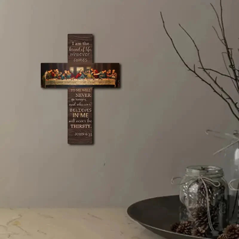 Bread Of Life Last Supper Scene Wooden Sign Cross Wall Art Plaque Home Decoration Pendant Wall Card Bible Scripture Wall Hanging