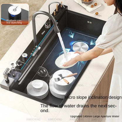 Digital fly rain waterfall sink embossed nano 304 stainless steel large single sink kitchen black washbasin