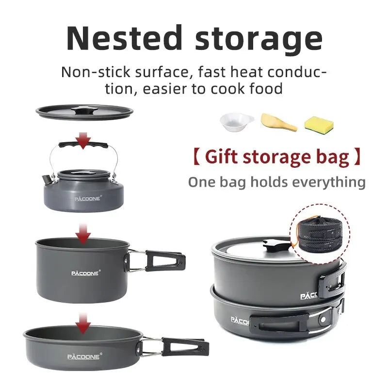 PACOONE Camping Cookware Set Portable Outdoor Pot Pan Kit