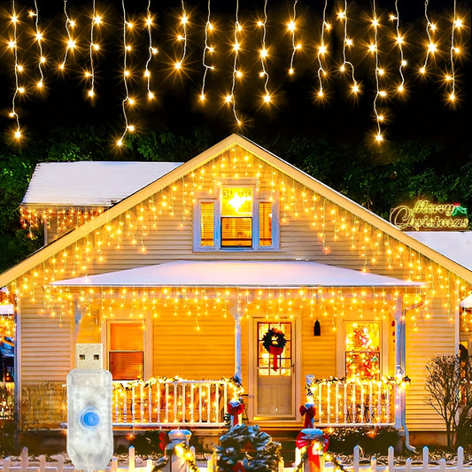 USB LEDChristmas Curtain Icicle Lights-8 Lighting Modes,(Color/Warm White),Ideal for Roof,Porch, Party&Christmas Home Decoration
