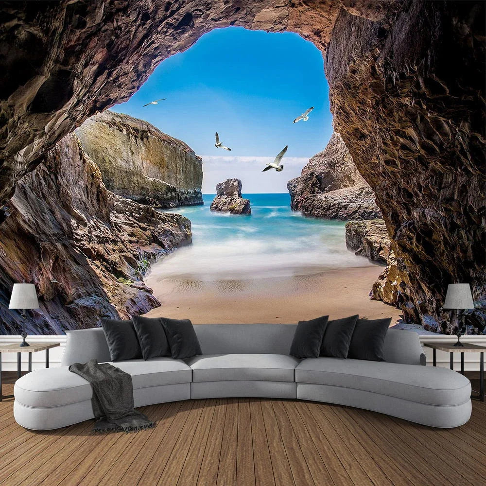 Mountain Cave Landscape Tapestry Ocean Birds Coconut Tree Sailing Beach Nature Scenery Tapestries Home Garden Dorm Bedroom Decor
