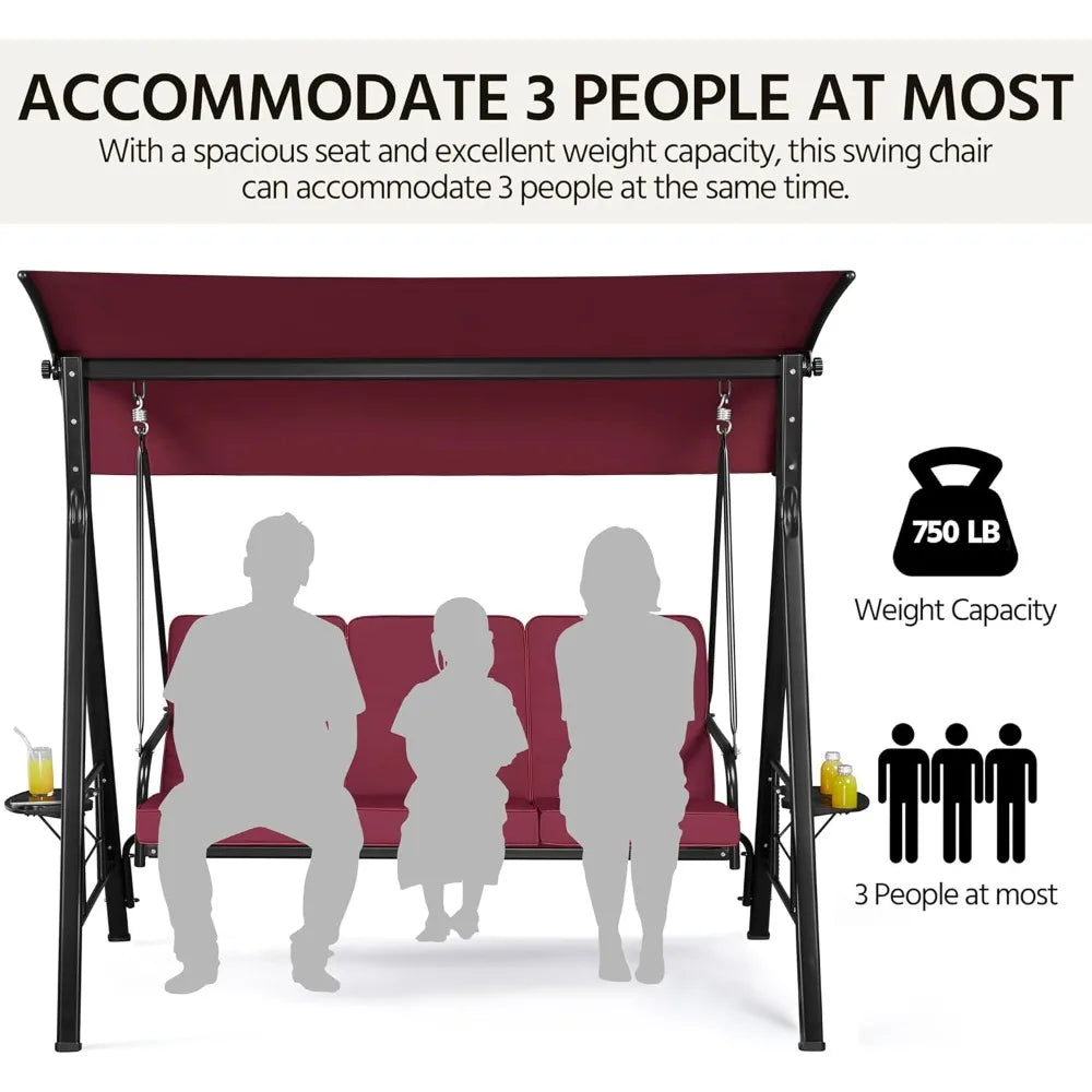 3-Seat Outdoor Patio Swing Chair, Deluxe Outdoor Patio Porch Swing with Weather Resistant Steel Frame, Adjustable Tilt Canopy f