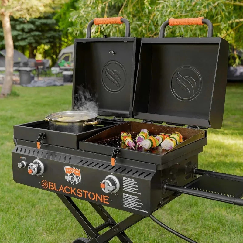 Go Combo with Wheels, Legs Hood & Side Shelf-Heavy Duty Flat Top Portable BBQ Griddle Grill Station for Kitchen, Camping with a grease catch