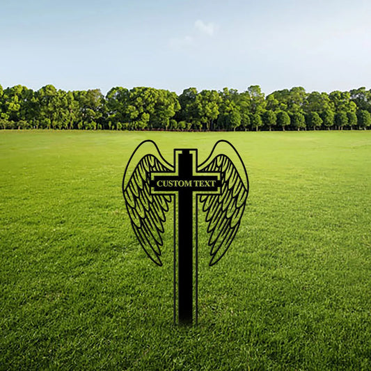 Custom Personalized Cross With Angel Wings Memorial Metal Stake, Sympathy Sign, Grave Marker, Remembrance Stake, Garden Decor