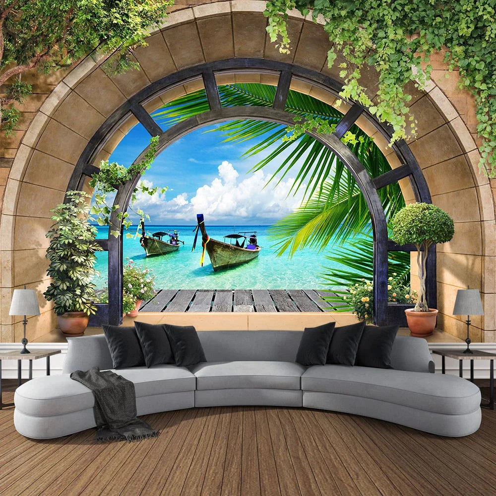 Mountain Cave Landscape Tapestry Ocean Birds Coconut Tree Sailing Beach Nature Scenery Tapestries Home Garden Dorm Bedroom Decor